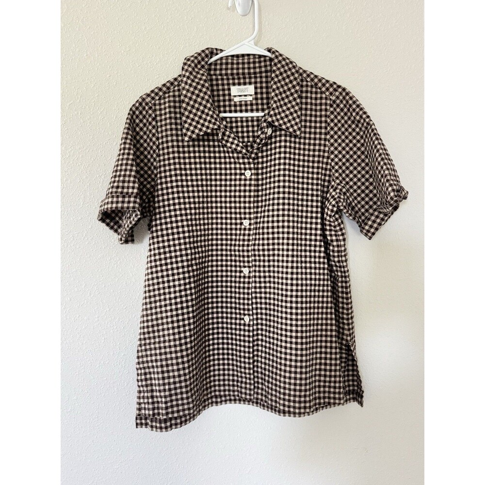 Gingham Short-Sleeve Button-Down Shirt in Brown and Cream